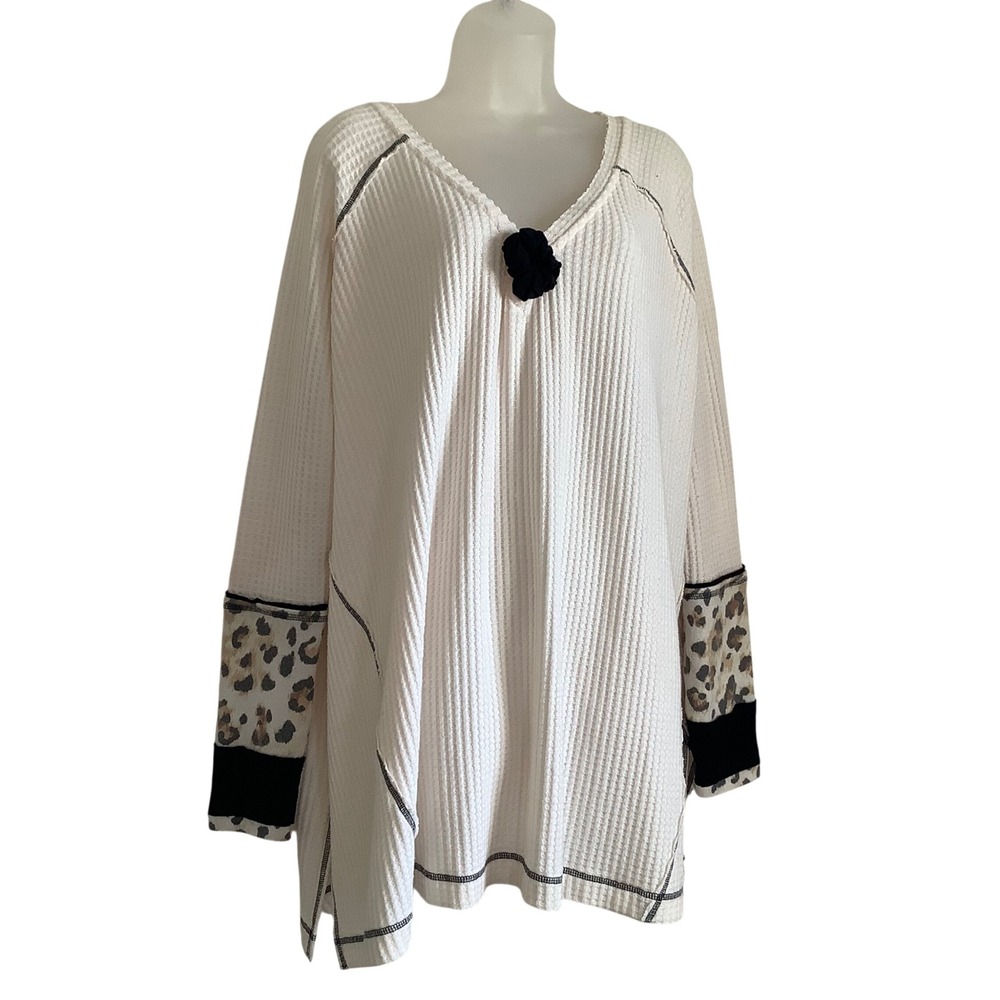 We The Free People Ivory Waffle Knit Thermal Rosette Leopard Cuff Top Large